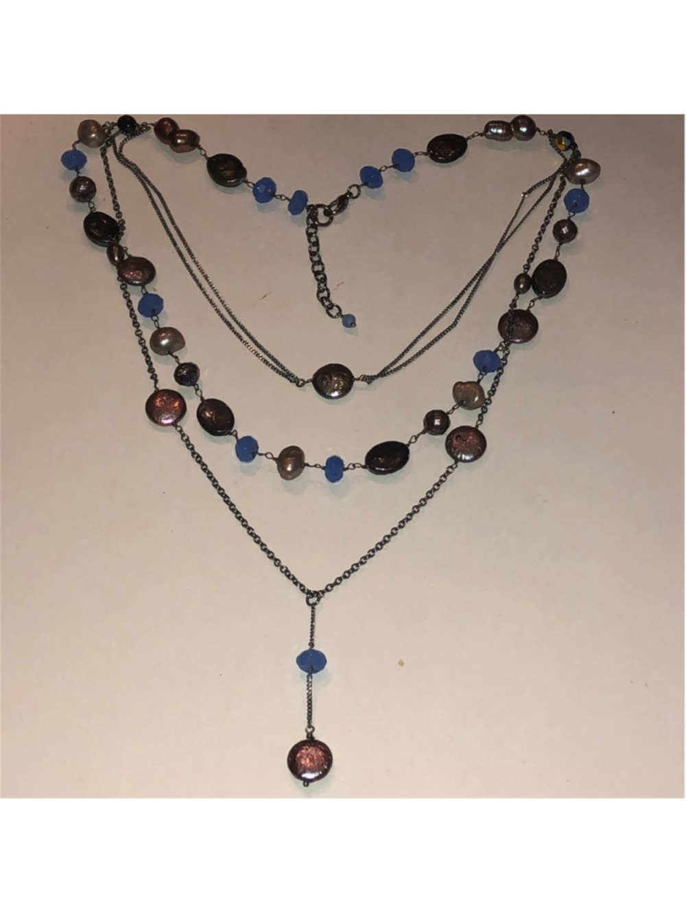 Elegant Dark Metal Multi Layered Blue and Brown Beaded Boho Necklace